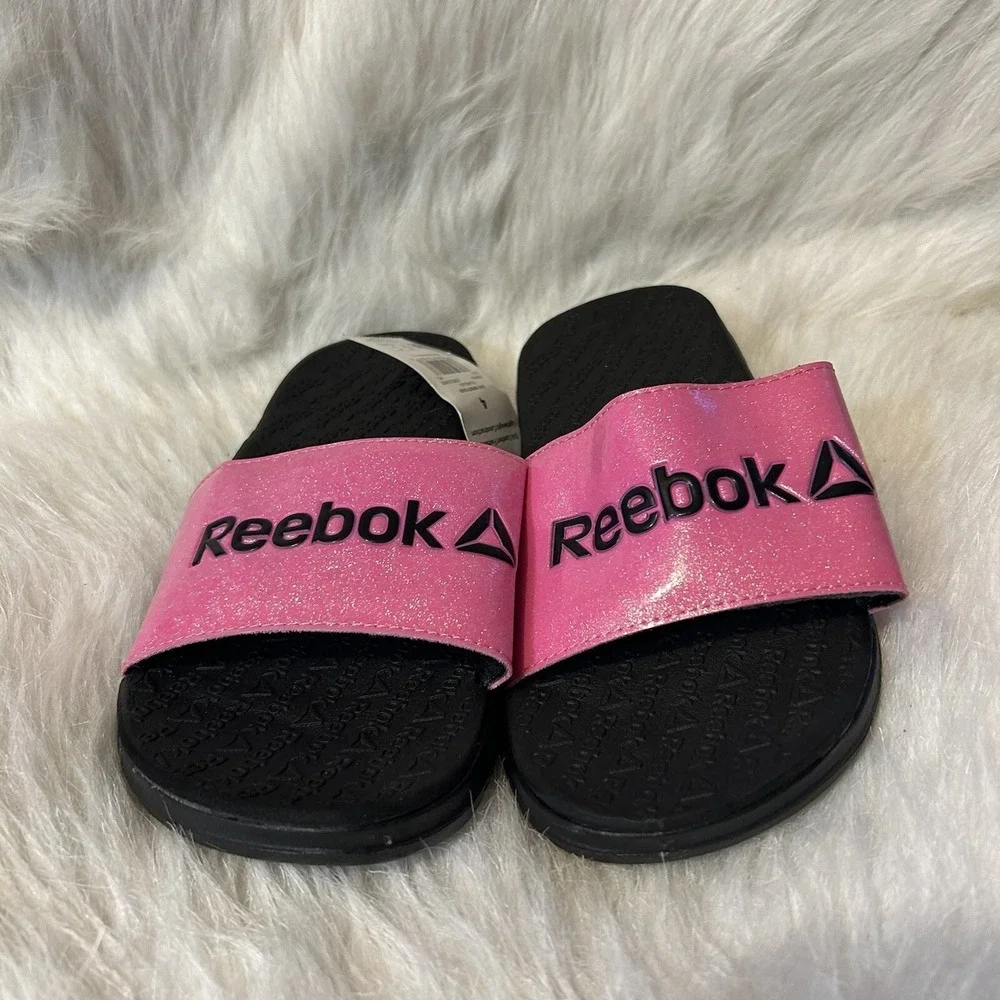 Reebok Slides‎ Girls Size 4 Pink Black Sparkly Glitter Slip On Sandals Shoes